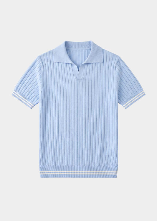 Pierre Light Blue Ribbed Buttonless Polo | Portovelli