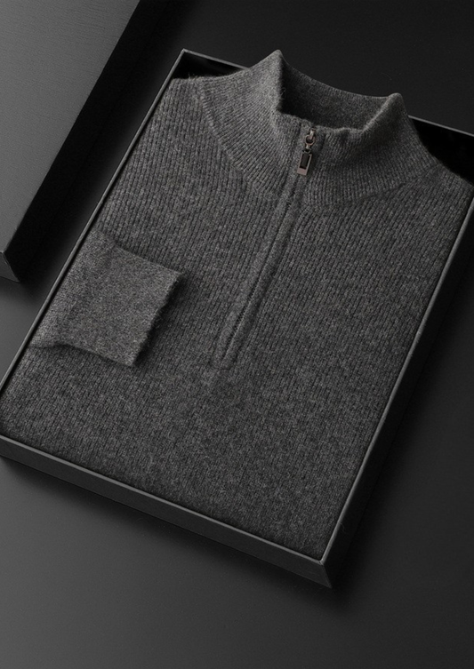 Pure Cashmere Dark Gray Ribbed Half Zip | Portovelli