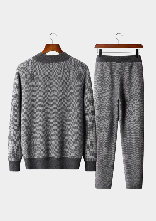 Pure Extra-Fine Merino Wool Gray Herringbone Set | Portovelli