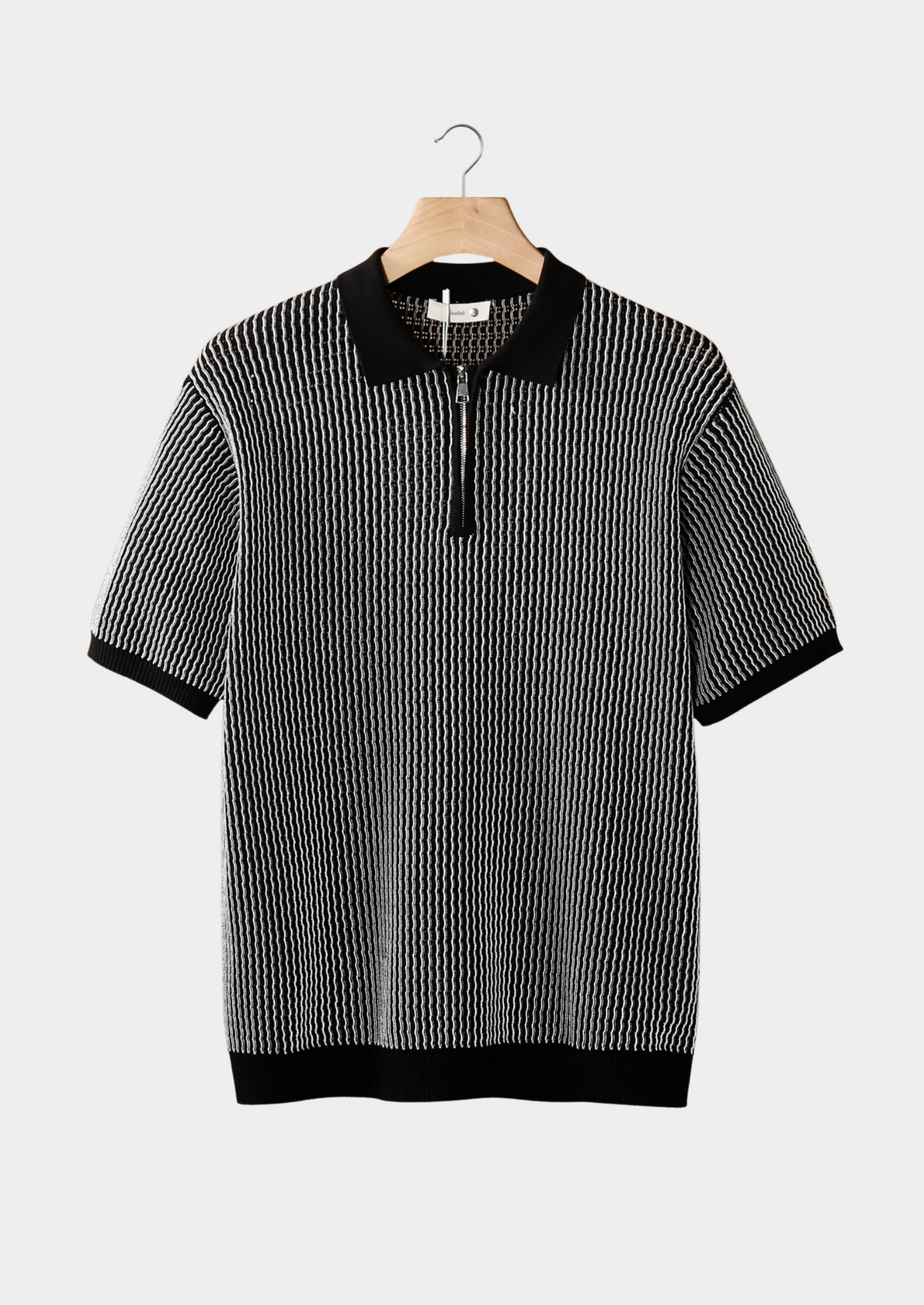 Black Geometric Textured Zipper Polo | Portovelli