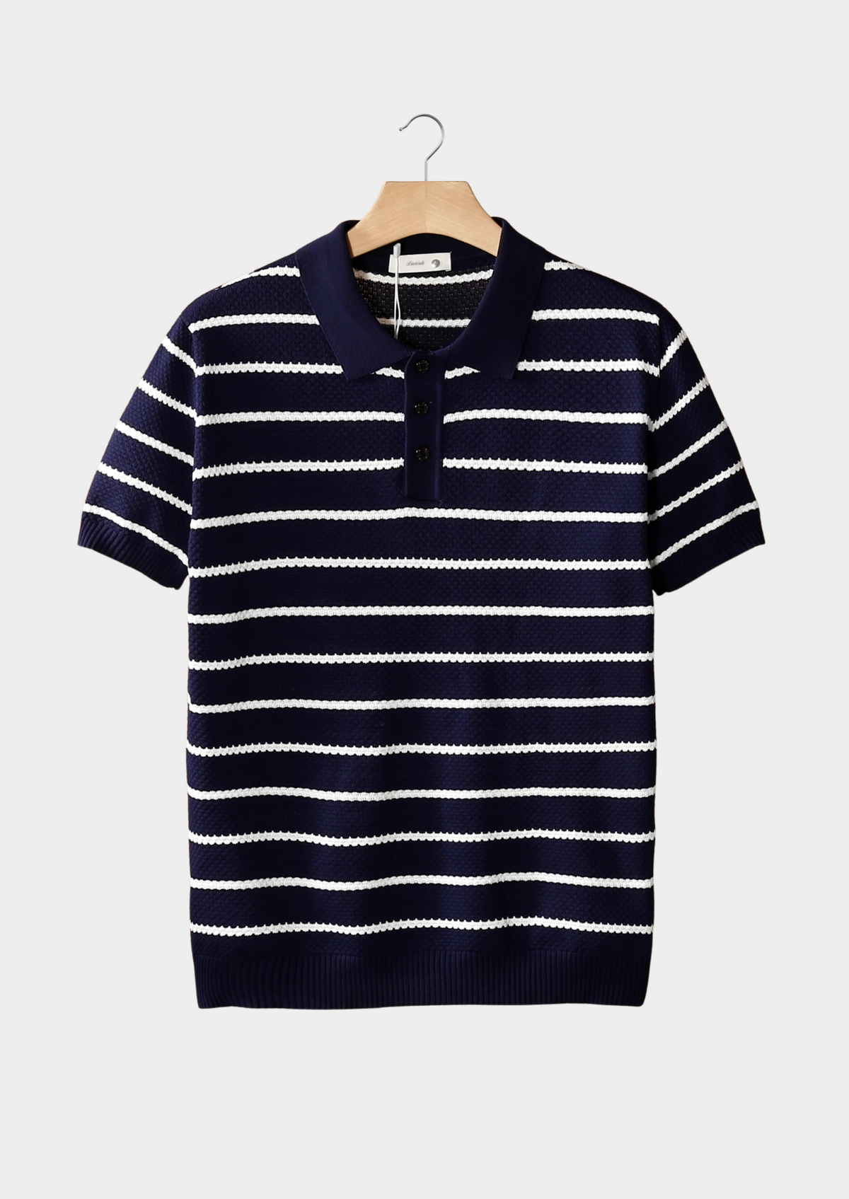 Navy Striped Textured Button Polo | Portovelli