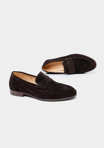 Coffee Classic Penny Suede Loafers | Portovelli