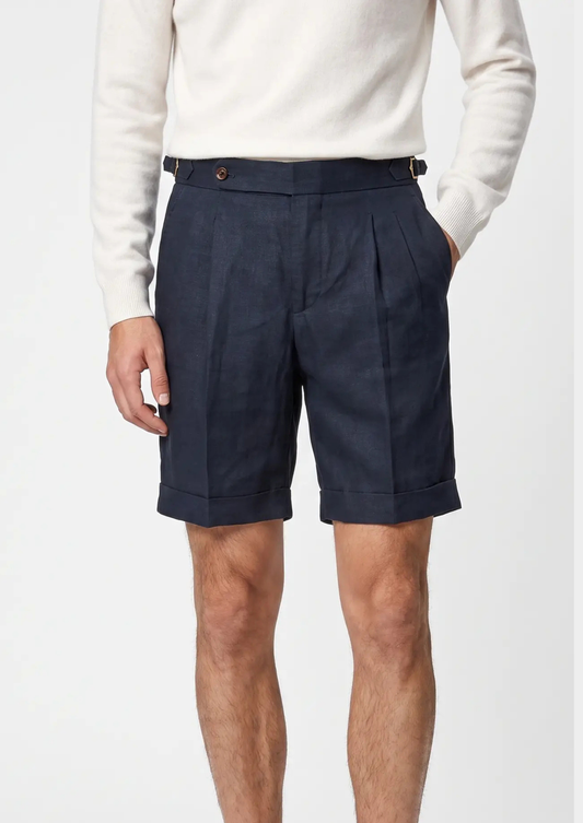 Navy Blue Pleated Linen Seaside Shorts | Portovelli