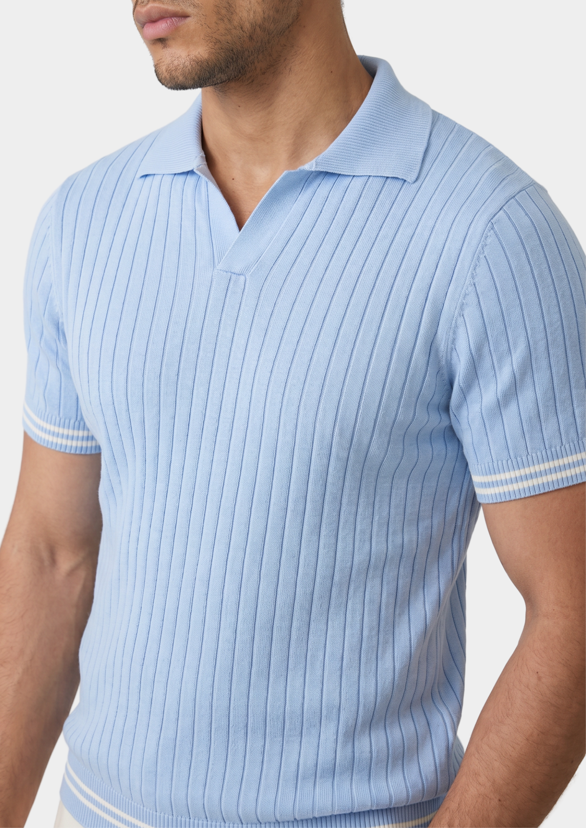 Pierre Light Blue Ribbed Buttonless Polo | Portovelli