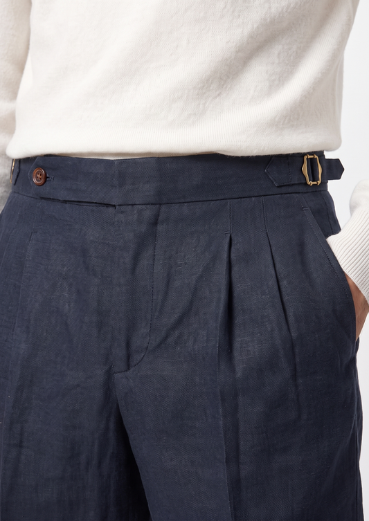 Navy Blue Pleated Linen Seaside Shorts | Portovelli