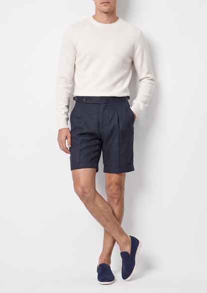 Navy Blue Pleated Linen Seaside Shorts | Portovelli