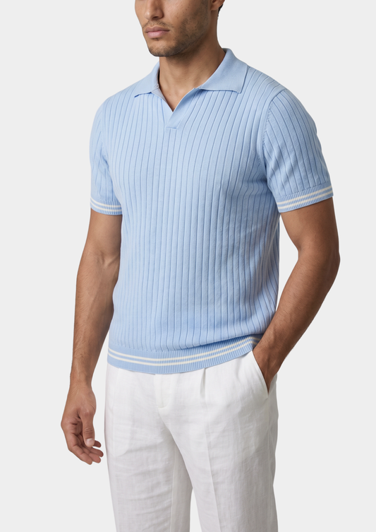 Pierre Light Blue Ribbed Buttonless Polo | Portovelli