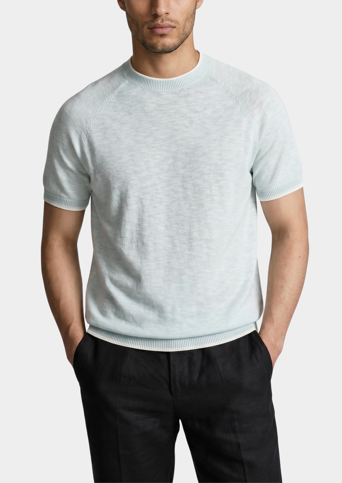 Capri Ice Blue Linen Contrast T-Shirt | Portovelli