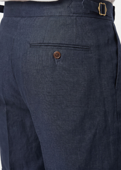 Navy Blue Pleated Linen Seaside Shorts | Portovelli