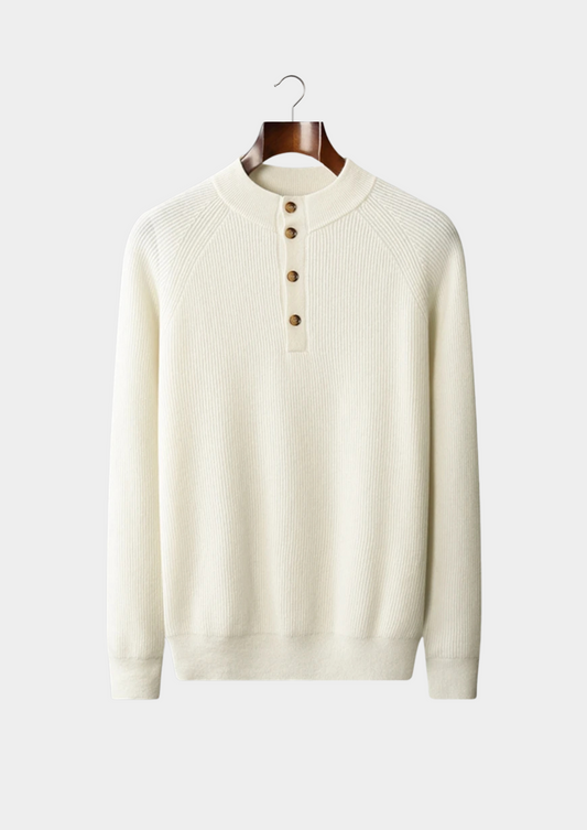 Premium Cashmere Classic Ribbed Henley Sweater | Portovelli