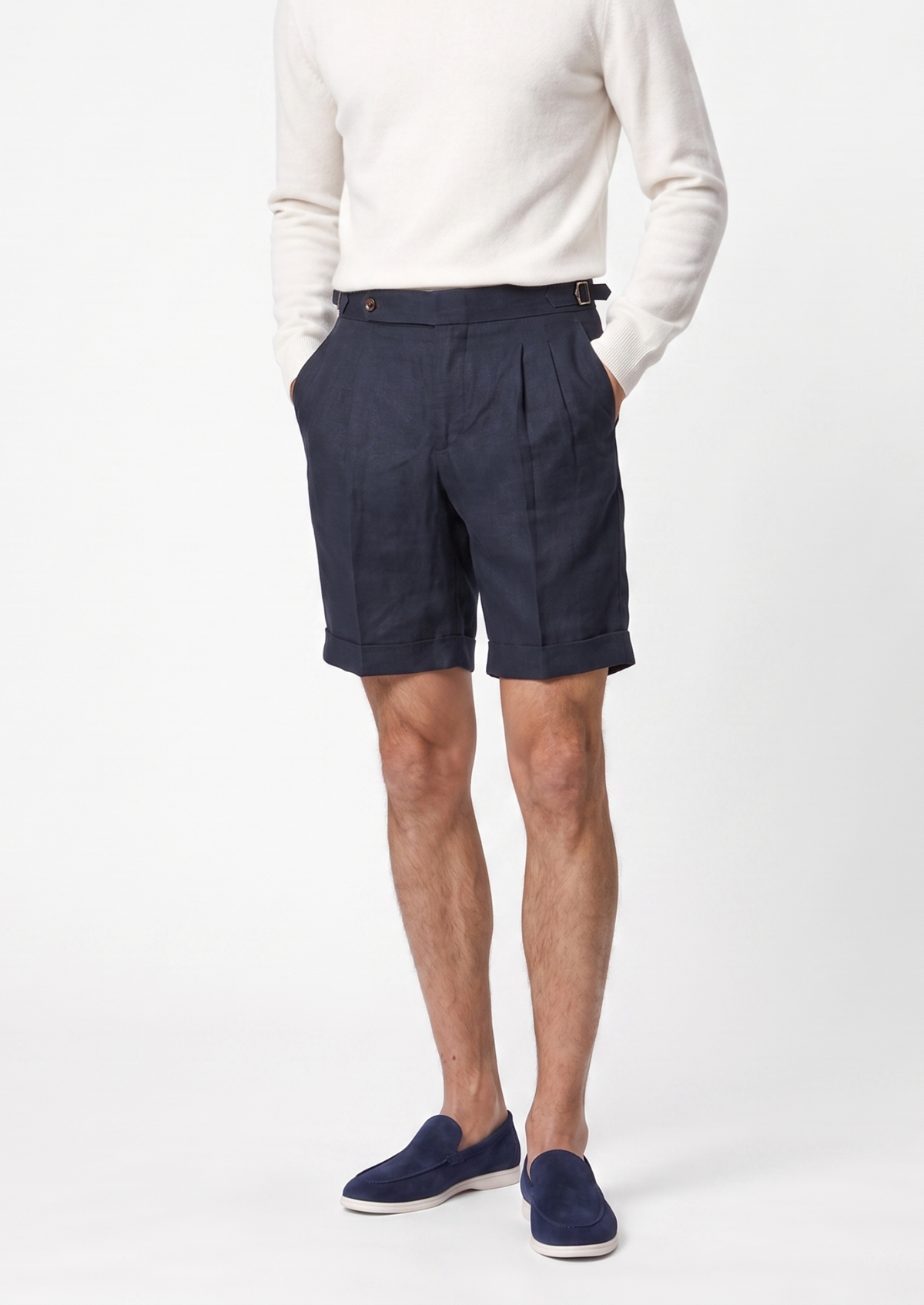 Navy Blue Pleated Linen Seaside Shorts | Portovelli