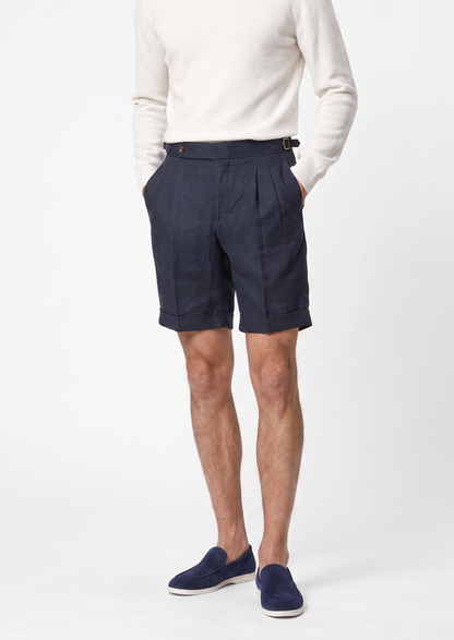 Navy Blue Pleated Linen Seaside Shorts | Portovelli