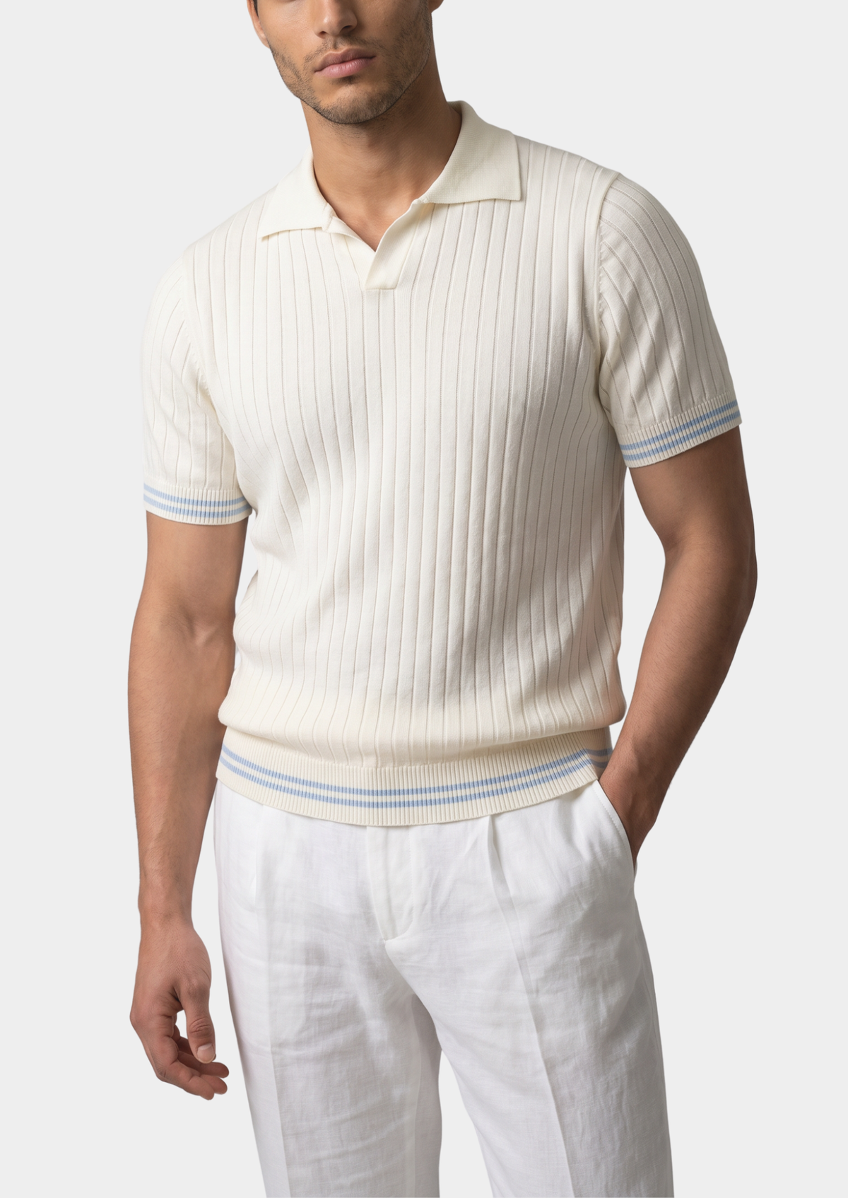 Pierre Ivory Ribbed Buttonless Polo | Portovelli