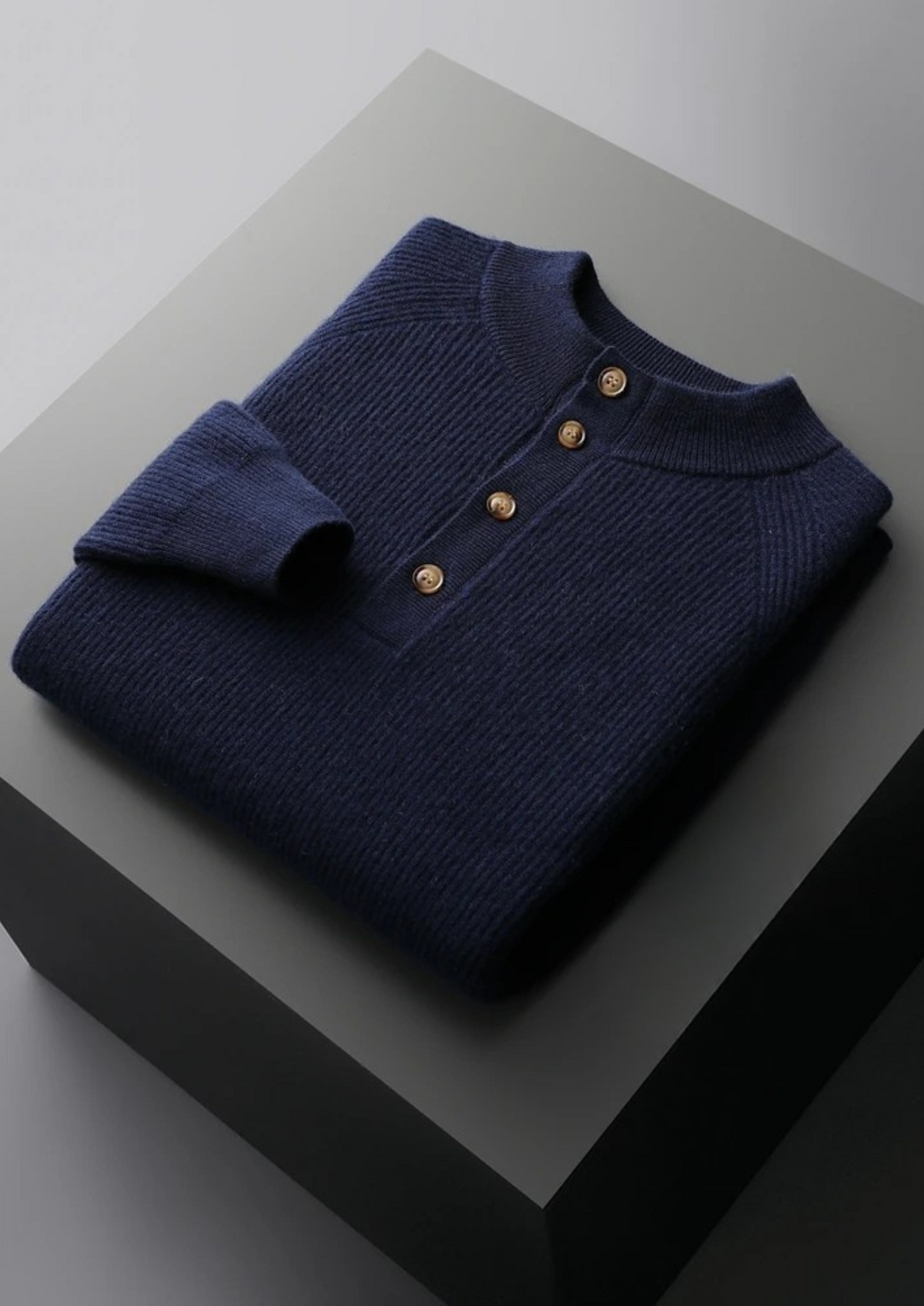 Premium Cashmere Classic Ribbed Henley Sweater | Portovelli