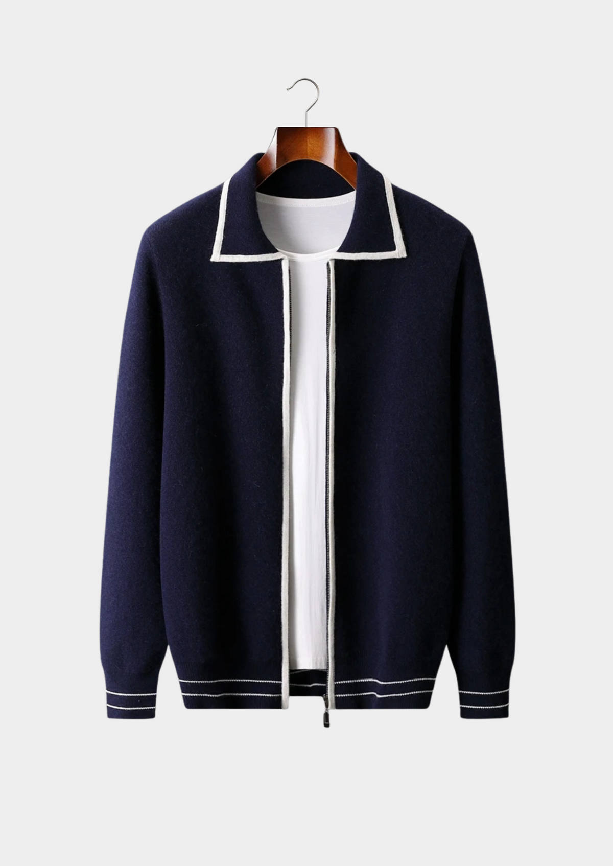 Pure Extra-Fine Merino Wool Two-Tone Polo Cardigan | Portovelli