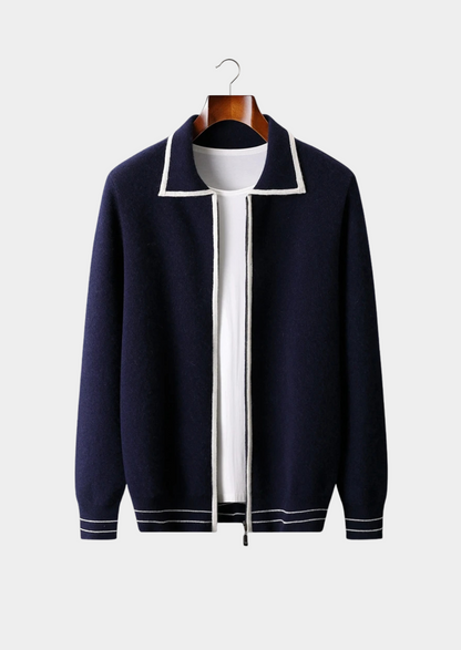 Pure Extra-Fine Merino Wool Two-Tone Polo Cardigan | Portovelli