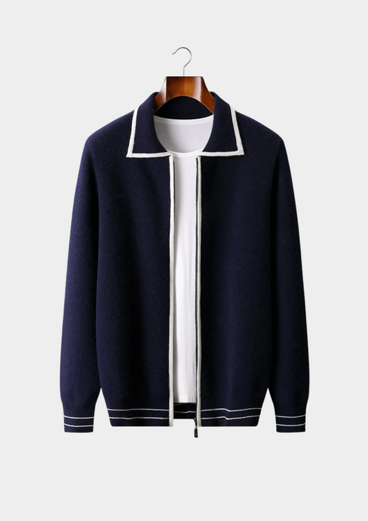 Pure Extra-Fine Merino Wool Two-Tone Polo Cardigan | Portovelli