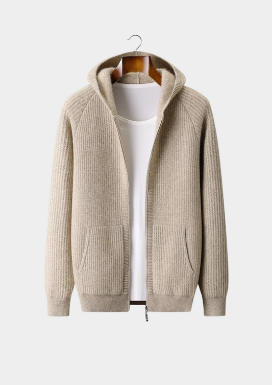 Pure Extra-Fine Merino Wool Ribbed Zipper Hoodie | Portovelli