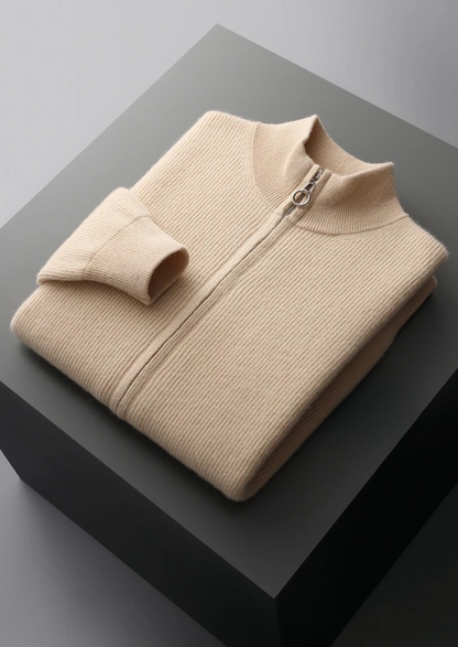 Pure Extra-Fine Merino Wool Ribbed Zip Cardigan | Portovelli