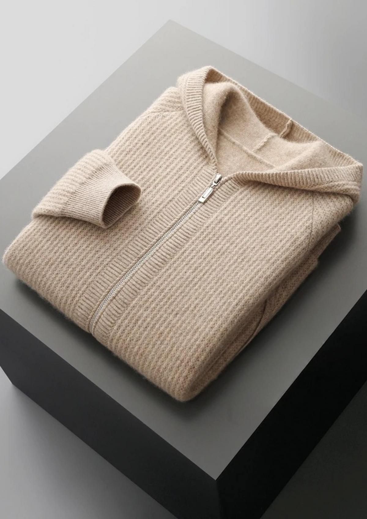 Pure Extra-Fine Merino Wool Ribbed Zipper Hoodie | Portovelli