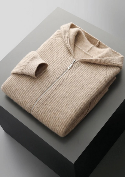Pure Extra-Fine Merino Wool Ribbed Zipper Hoodie | Portovelli