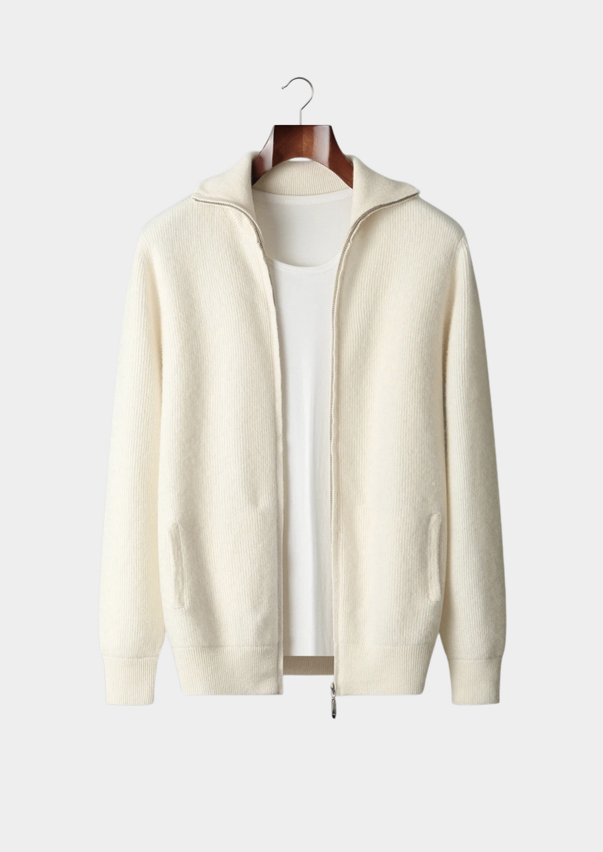 Pure Extra-Fine Merino Wool Ribbed Zipper Cardigan | Portovelli