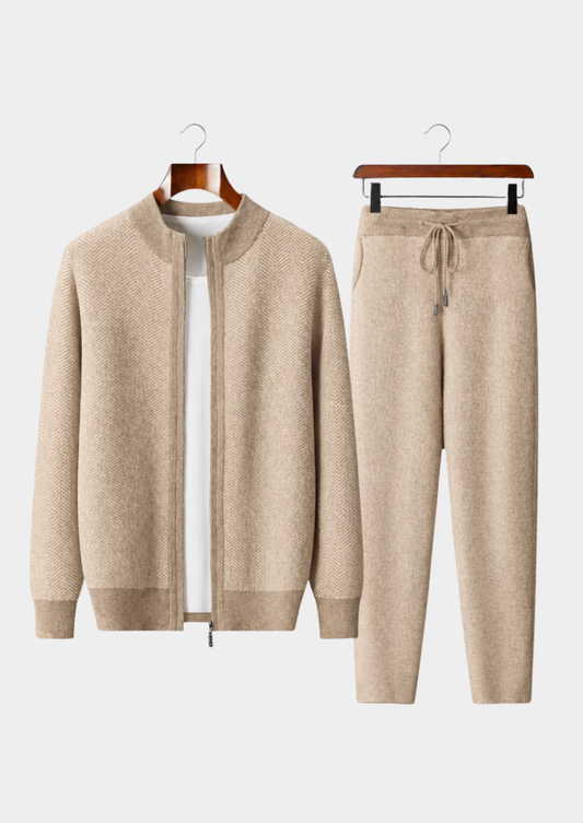 Pure Extra-Fine Merino Wool Sand Herringbone Set | Portovelli