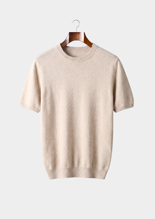Premium Cashmere Classic Crewneck T-Shirt - Ivory Mocha | Portovelli