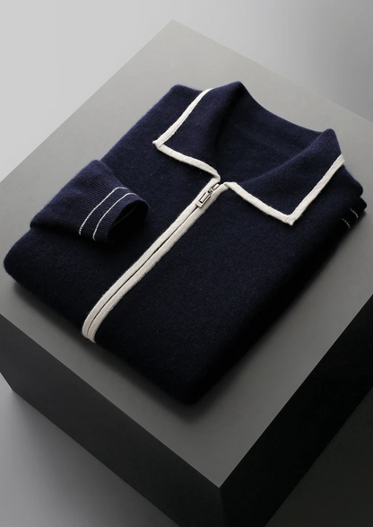 Pure Extra-Fine Merino Wool Two-Tone Polo Cardigan | Portovelli
