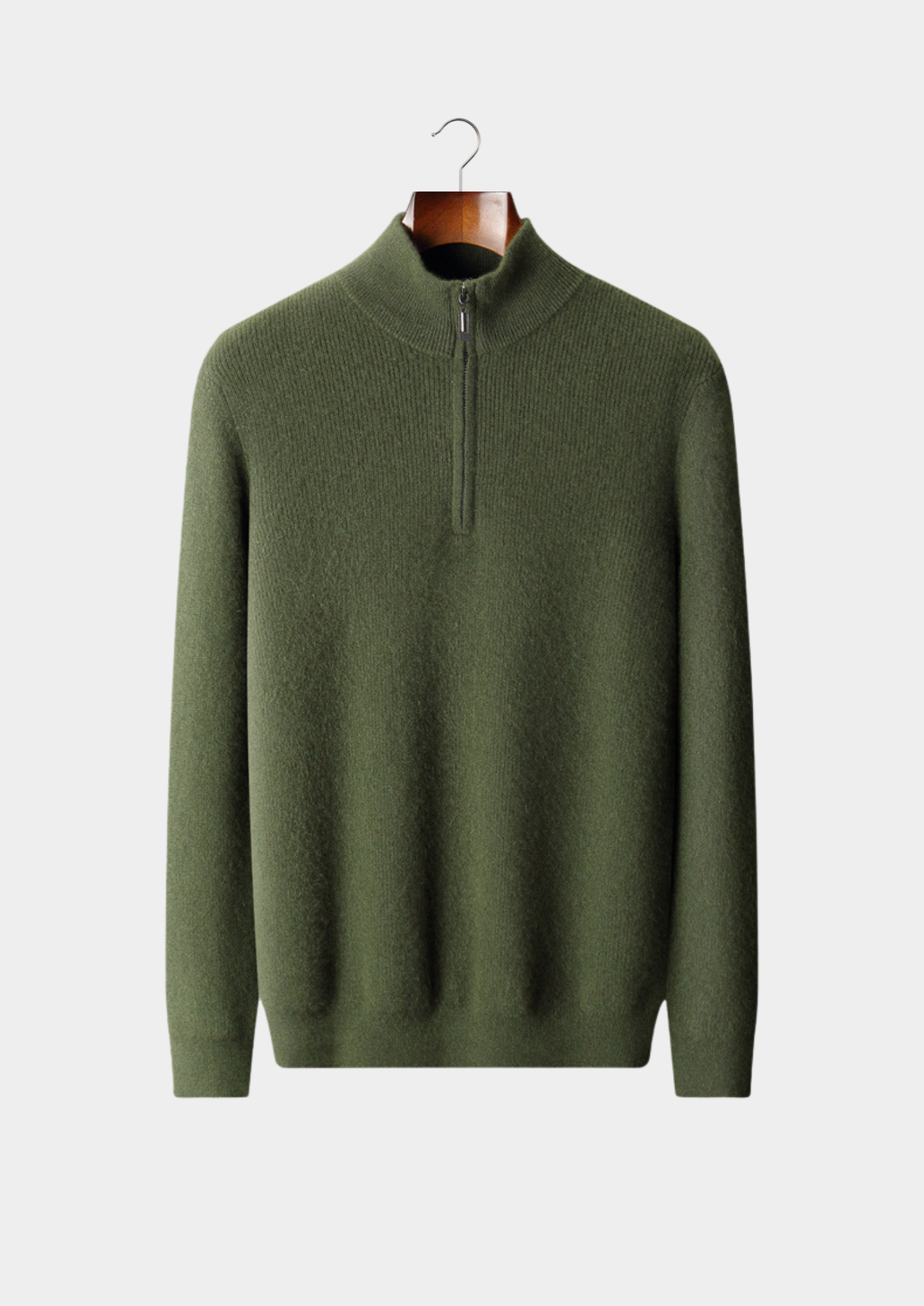 Pure Cashmere Olive Ribbed Half Zip | Portovelli