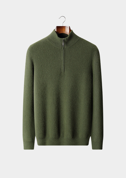 Pure Cashmere Olive Ribbed Half Zip | Portovelli