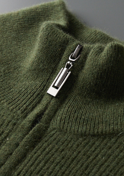Pure Cashmere Olive Ribbed Half Zip | Portovelli