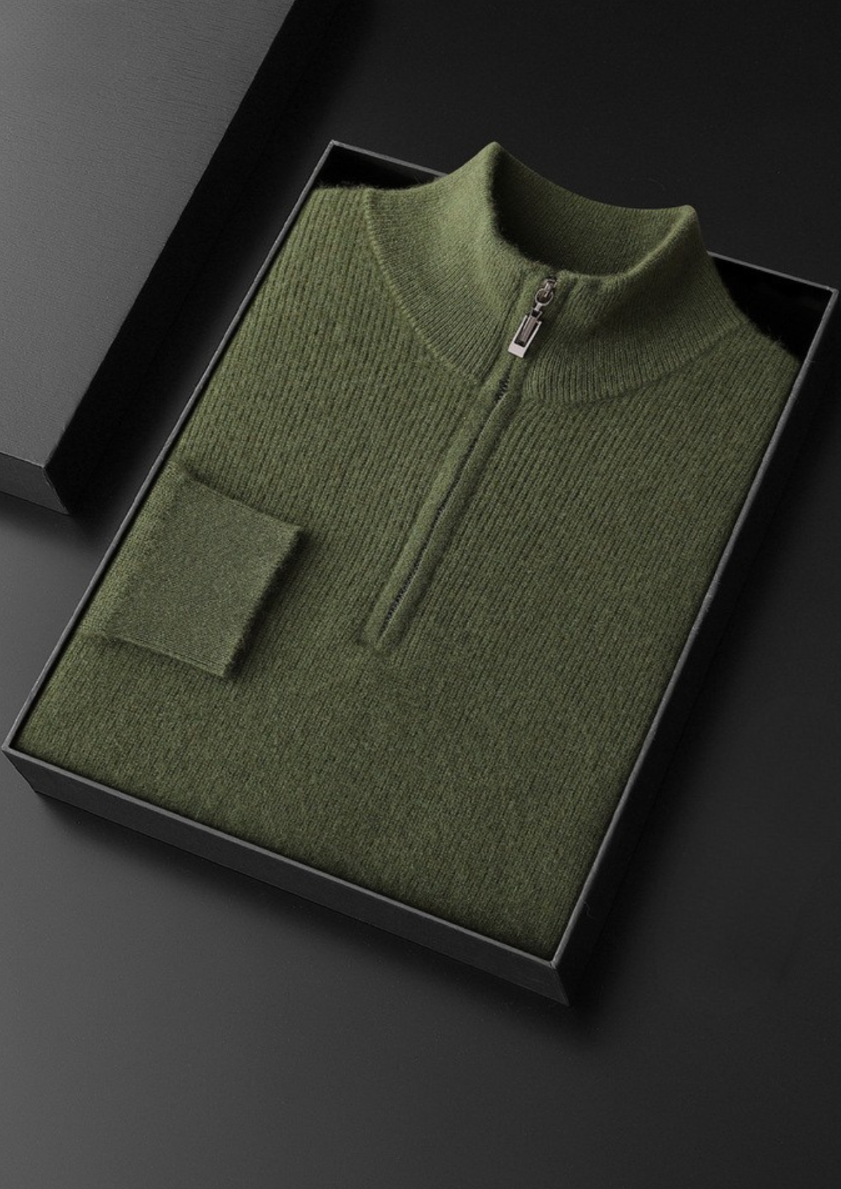 Pure Cashmere Olive Ribbed Half Zip | Portovelli