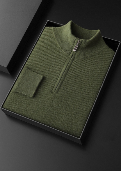 Pure Cashmere Olive Ribbed Half Zip | Portovelli