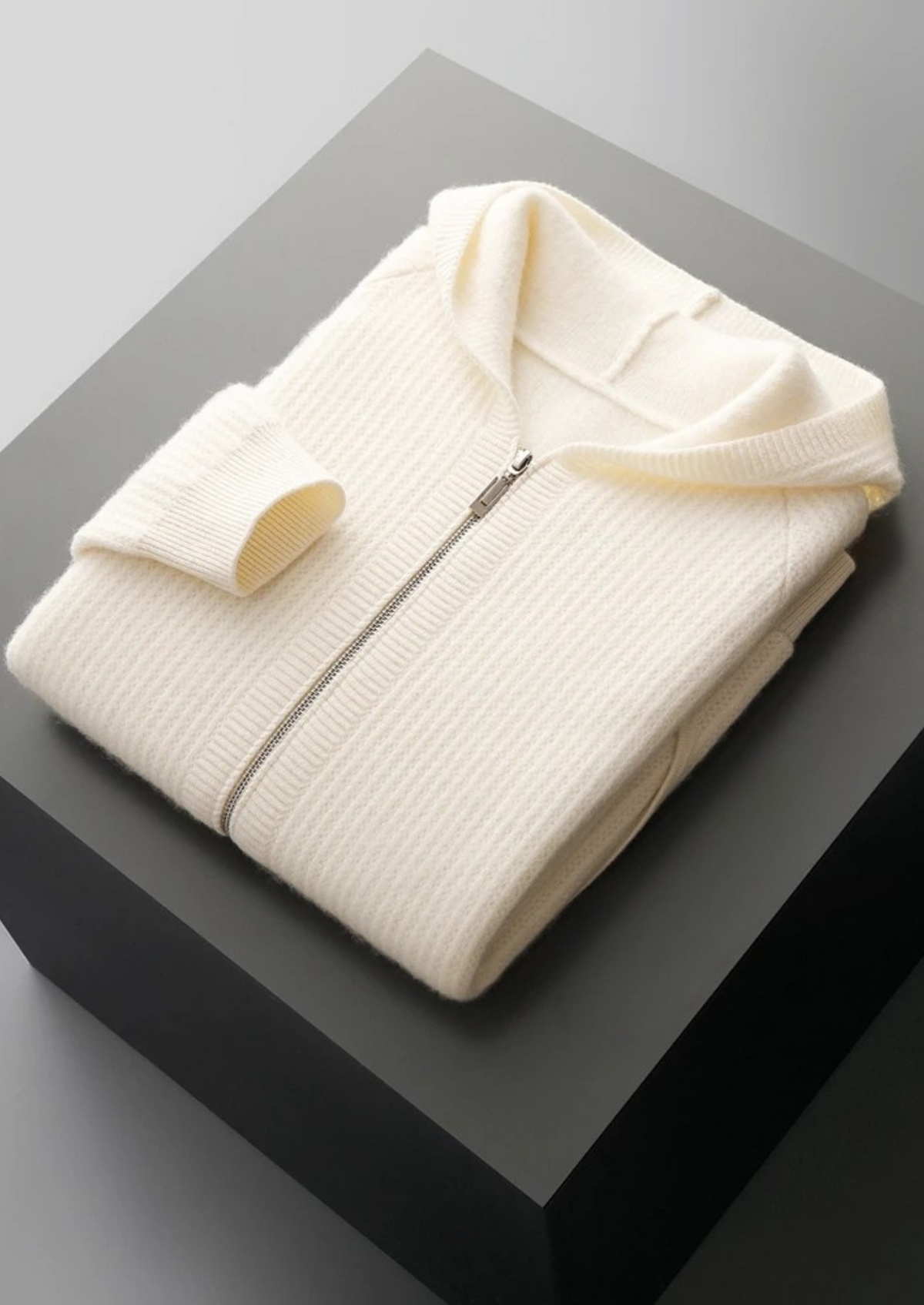Pure Extra-Fine Merino Wool Ribbed Zipper Hoodie | Portovelli