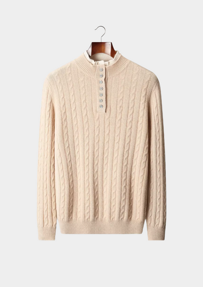 Pure Extra-Fine Merino Wool Cable Knit Henley Sweater | Portovelli