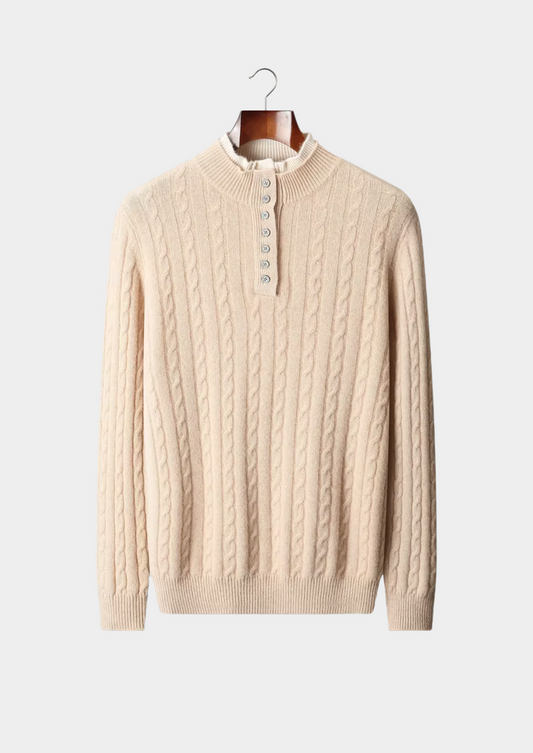 Pure Extra-Fine Merino Wool Cable Knit Henley Sweater | Portovelli