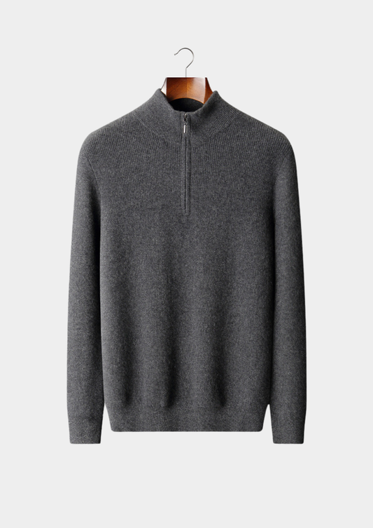 Pure Cashmere Dark Gray Ribbed Half Zip | Portovelli