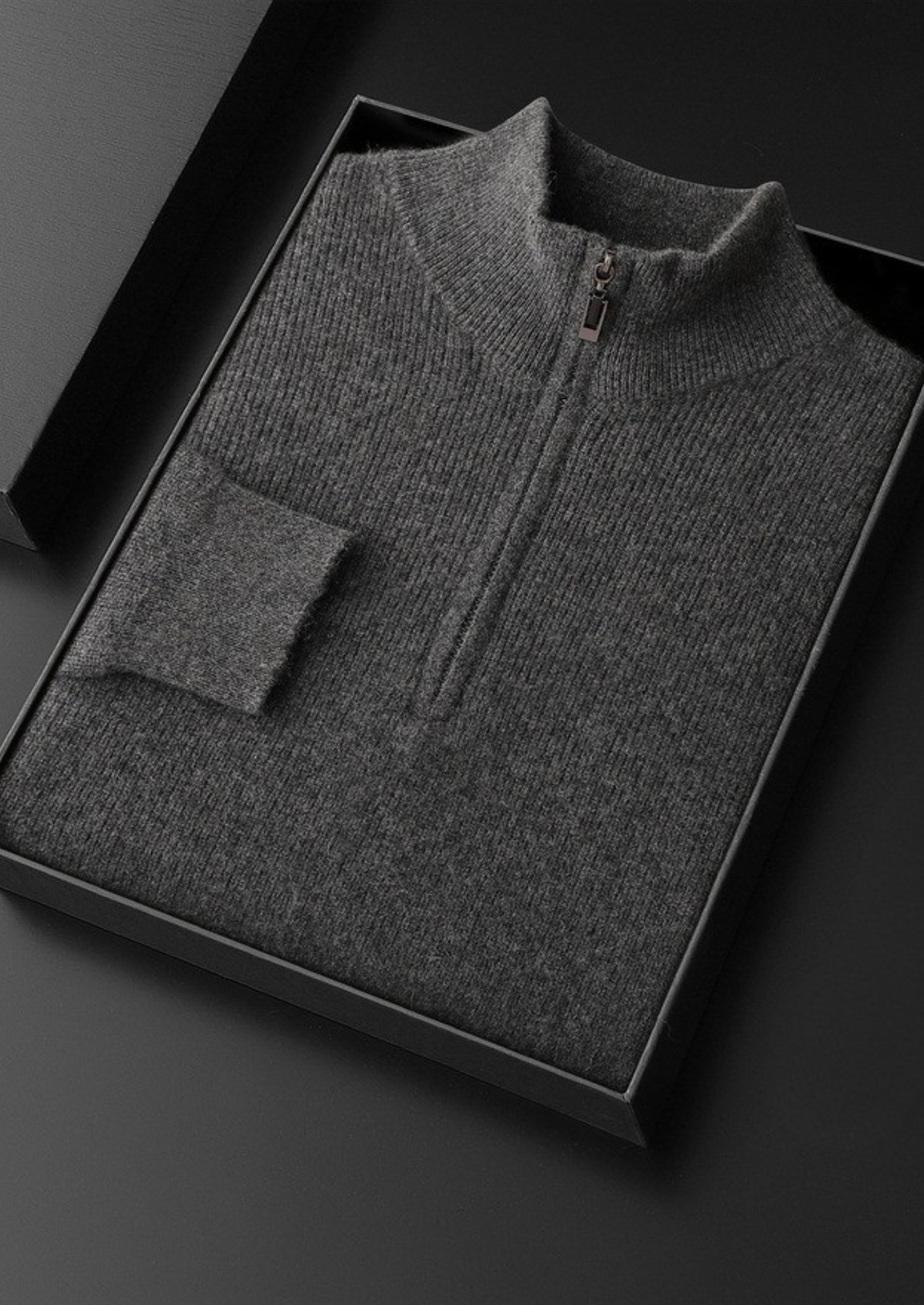 Pure Cashmere Dark Gray Ribbed Half Zip | Portovelli