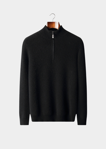 Pure Cashmere Black Ribbed Half Zip | Portovelli