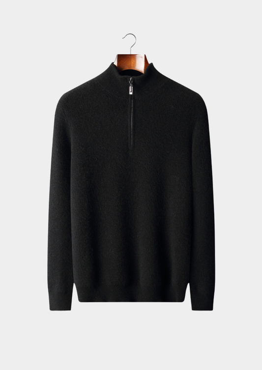 Pure Cashmere Black Ribbed Half Zip | Portovelli