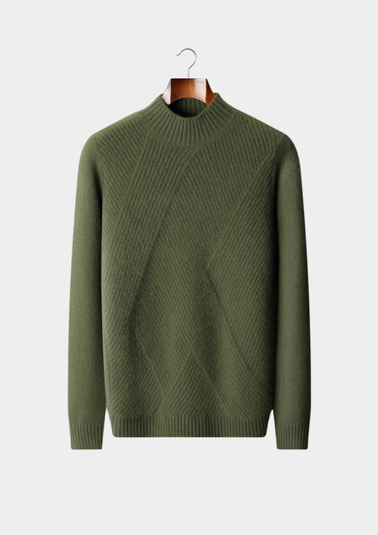 Pure Cashmere Olive Patterned Mockneck | Portovelli
