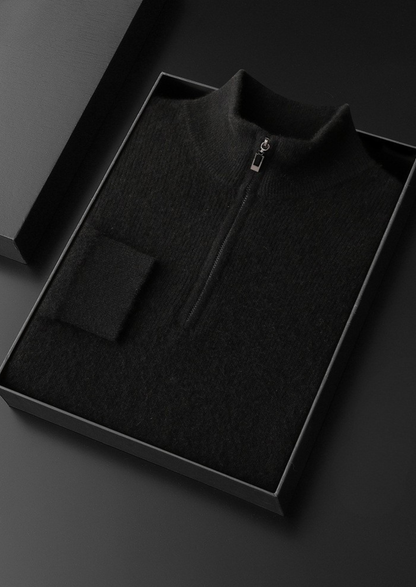Pure Cashmere Black Ribbed Half Zip | Portovelli