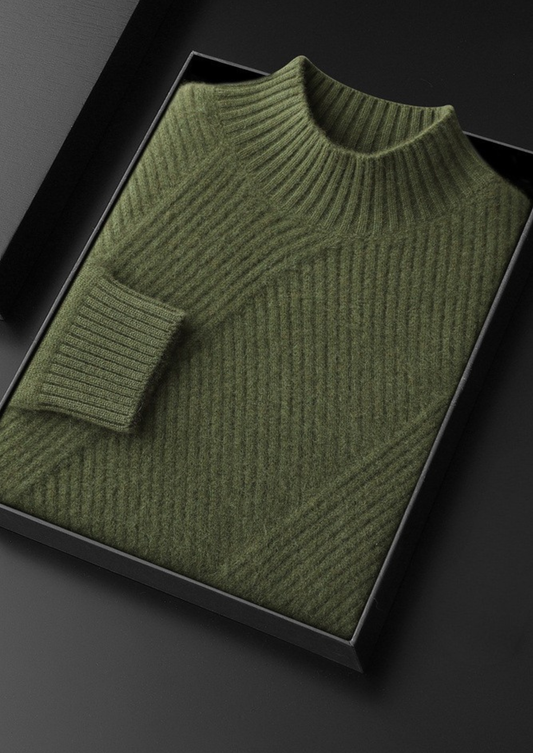 Pure Cashmere Olive Patterned Mockneck | Portovelli
