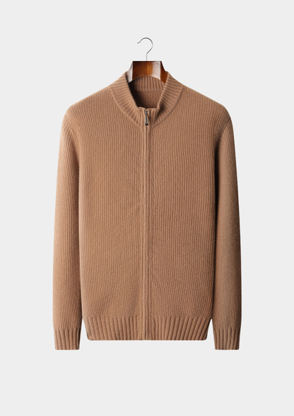 Pure Cashmere Mustard Ribbed Zip Cardigan | Portovelli