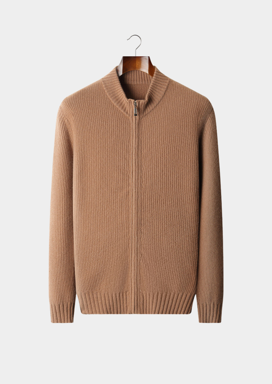 Pure Cashmere Mustard Ribbed Zip Cardigan | Portovelli