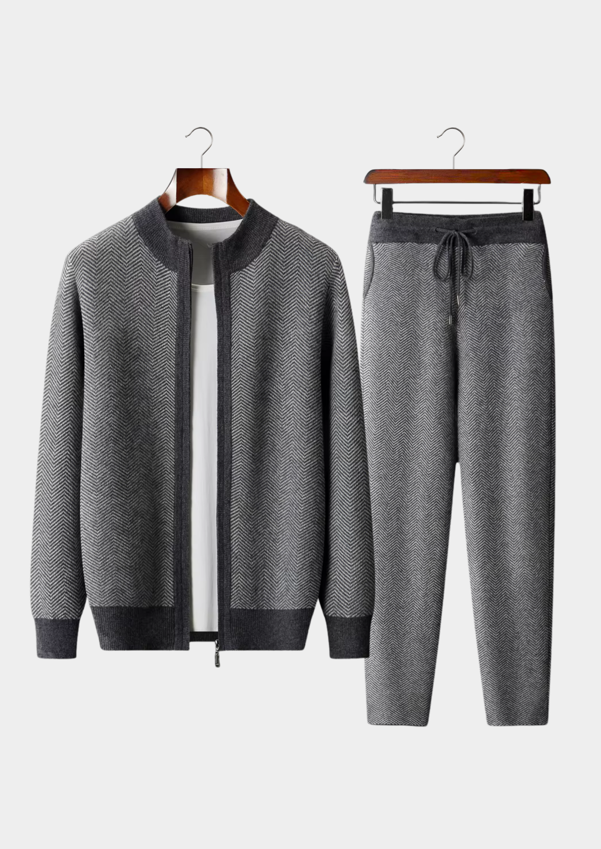 Pure Extra-Fine Merino Wool Gray Herringbone Set | Portovelli