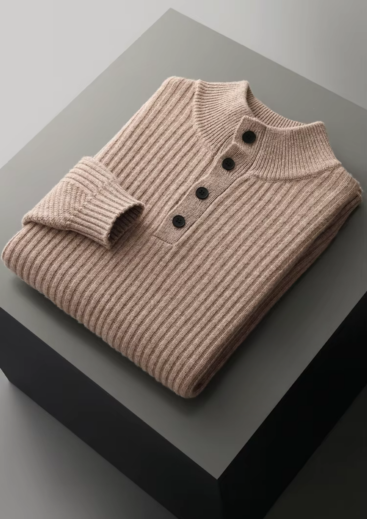 Pure Extra-Fine Merino Wool Ribbed Henley Sweater | Portovelli