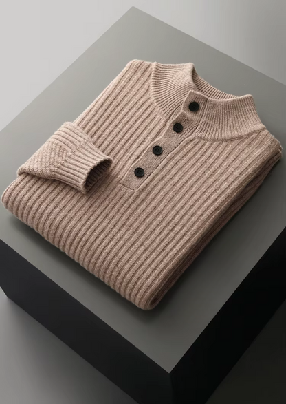 Pure Extra-Fine Merino Wool Ribbed Henley Sweater | Portovelli