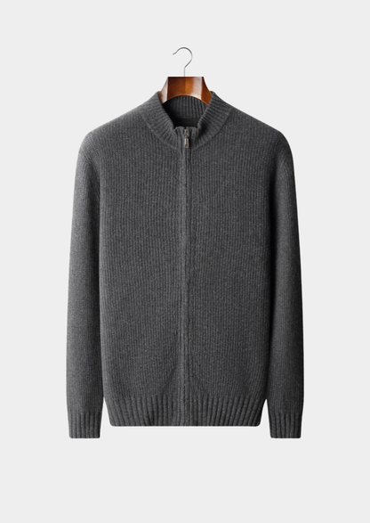 Pure Cashmere Dark Gray Ribbed Zip Cardigan | Portovelli